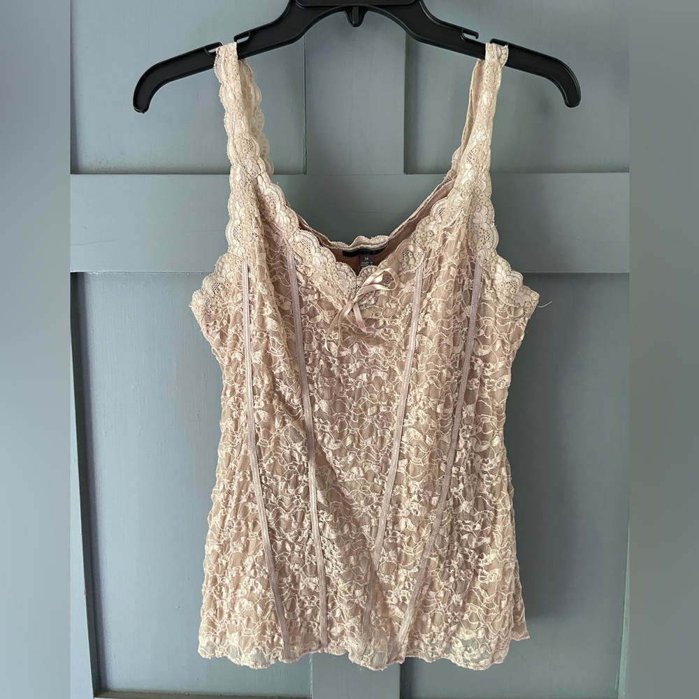 Tan Lace A.n.a. Tank Top with faux corset look